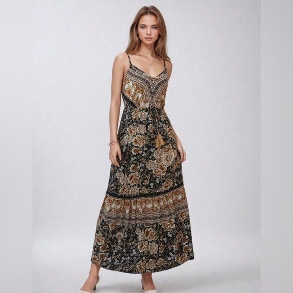 Boho Floral Print Drawstring Waist Fringed Ruffle Hem Cami Dress - Picture 1 of 10
